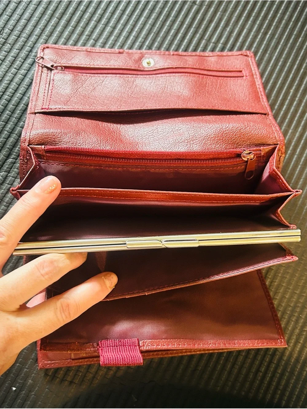 Wilson’s leather, maroon Leather trifold, wallet with Gold Accent